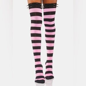 Dolls Kill Thigh high studded spiked socks stockings pink black striped goth